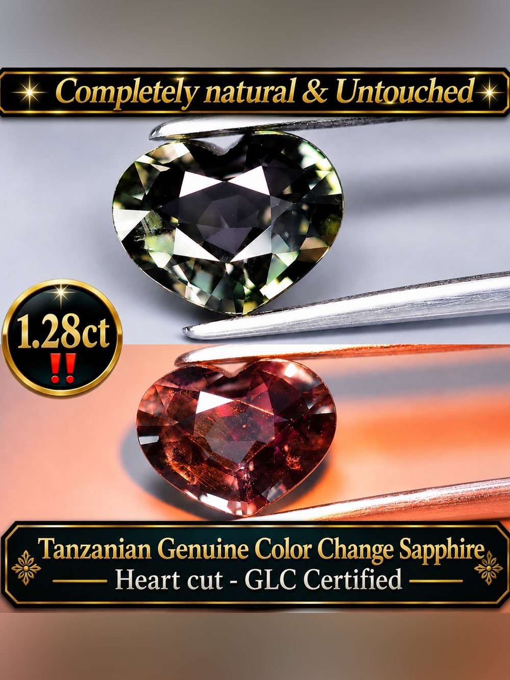 C-Change Sapphire Heart cut @ 1.28ct greens to reds. Pendant ring